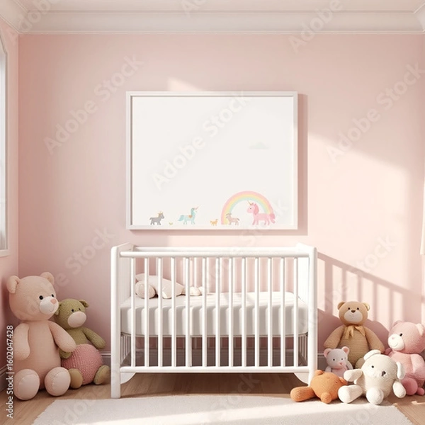 Fototapeta blank canvas mockup in a cozy room stylish wall decor template for kid's space cute pastel colors plush toys whimsical children's design portrait orientation 3D rendering perfect for art display