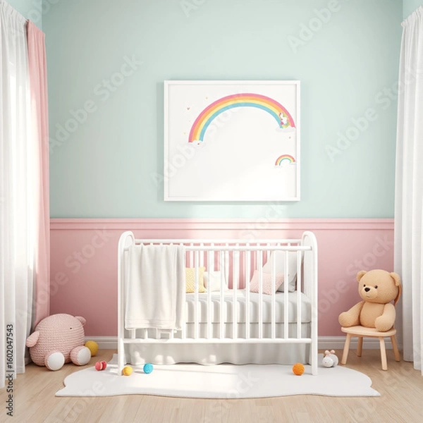 Fototapeta blank canvas frame mockup in dreamy girl room featuring portrait layout soft pastel wall decor with enchanting plush toys perfect for whimsical children’s nursery poster design showcase 3d visualizati