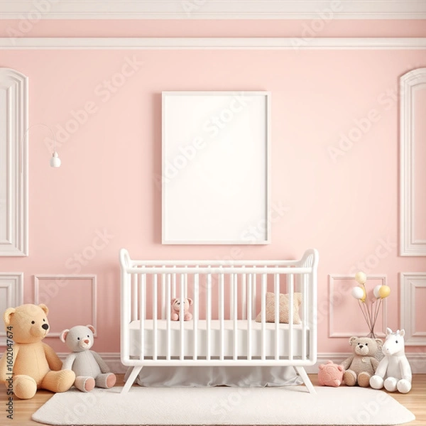 Fototapeta blank canvas mockup in a charming girl room with pastel colored walls whimsical children theme featuring plush toys and artistic decor vertical portrait orientation for creative display and design ins