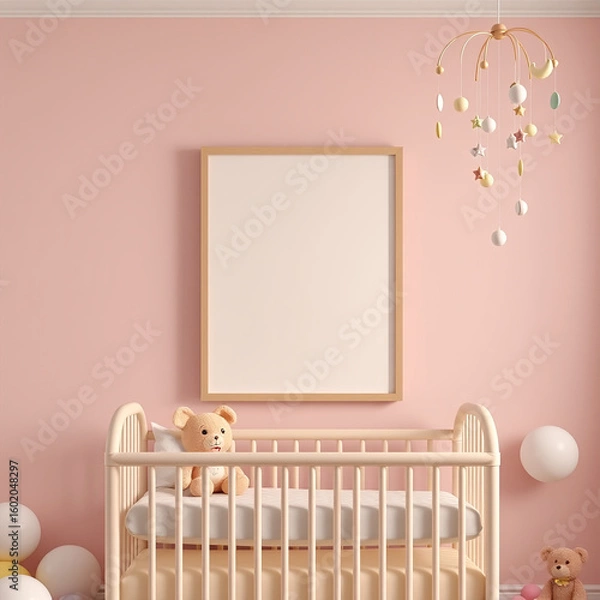 Fototapeta blank canvas mockup for room decor pastel wall with plush toys whimsical children's theme portrait orientation nursery design 3d rendering child-friendly decor customizable frame template