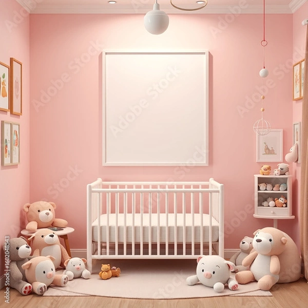 Fototapeta blank canvas mockup for art in a stylish child room playful design vertical frame display pastel color scheme with plush toys whimsical decor for kids 3d rendering for interior decoration collection