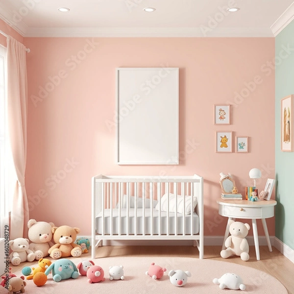 Fototapeta blank canvas frame mockup in a stylish children's room pastel wall decor with plush toys whimsical design perfect for nursery art showcase modern interior design illustration 3d rendering
