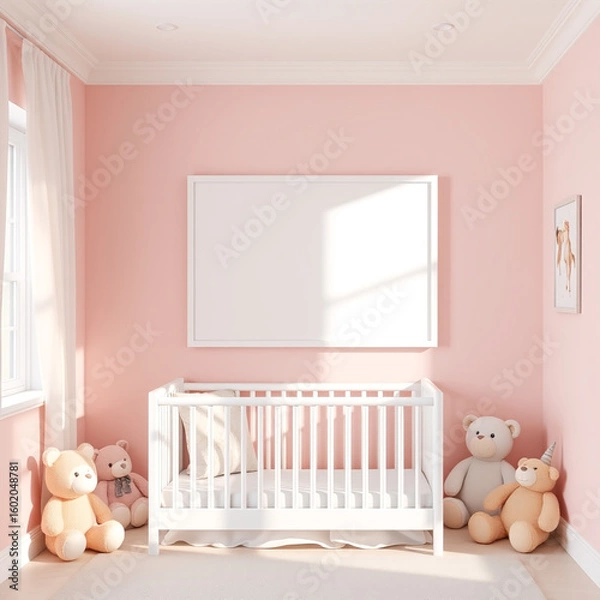 Fototapeta blank canvas mockup in a cozy children's room portrait layout framed artwork display pastel soft tones plush toys whimsical decor 3d rendered design nursery wall art showcase creative presentation