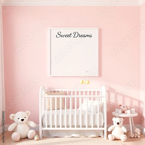 Fototapeta frame mockup for kids room pastel colored wall whimsical children's theme 3d render portrait orientation nursery decor crib side poster display soft toys playful atmosphere ideal for design showcasing