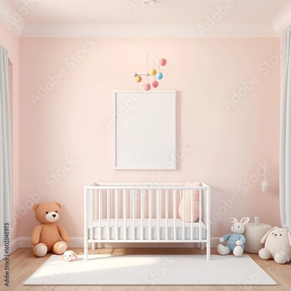 Fototapeta blank picture frame mockup in a girl's room pastel wall playful decor plush toys whimsical design portrait layout nursery art 3d render child themed interior design customizable poster frame