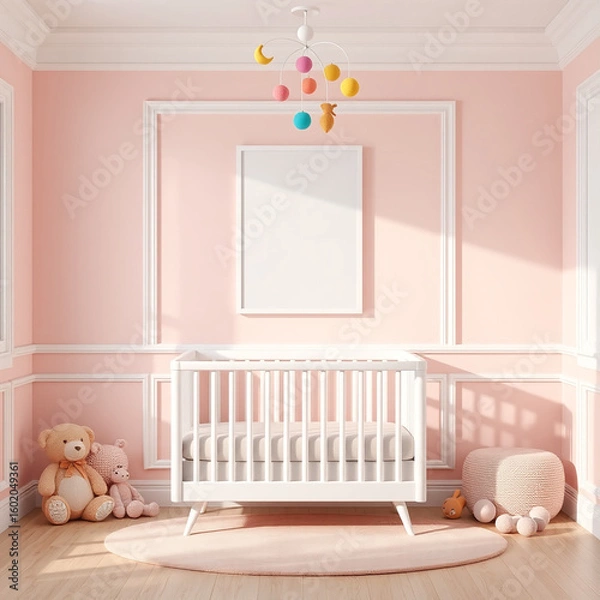 Fototapeta Blank frame mockup in a beautiful children's room pastel colored wall with adorable plush toys whimsical decor portrait orientation 3D rendering perfect for showcasing art prints or posters