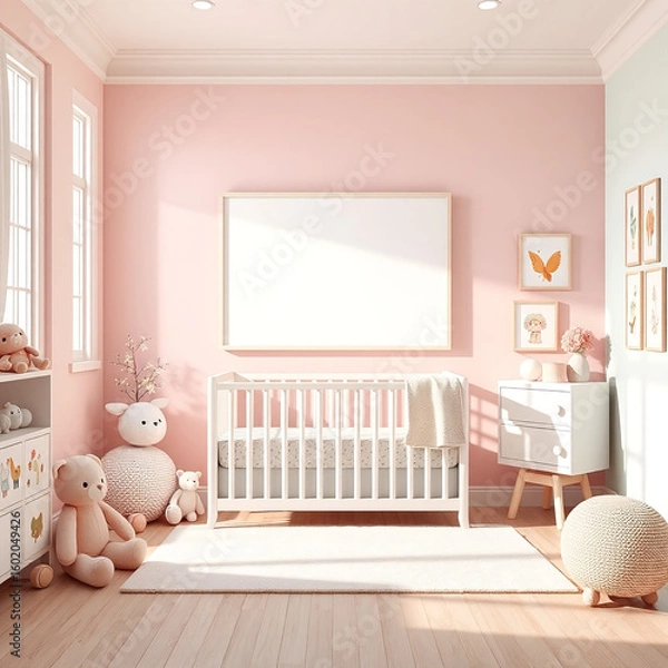 Fototapeta blank frame mockup for children room pastel colored decor with plush toys whimsical theme portrait orientation nursery wall art display customizable mockup design for kids art projects 3d render