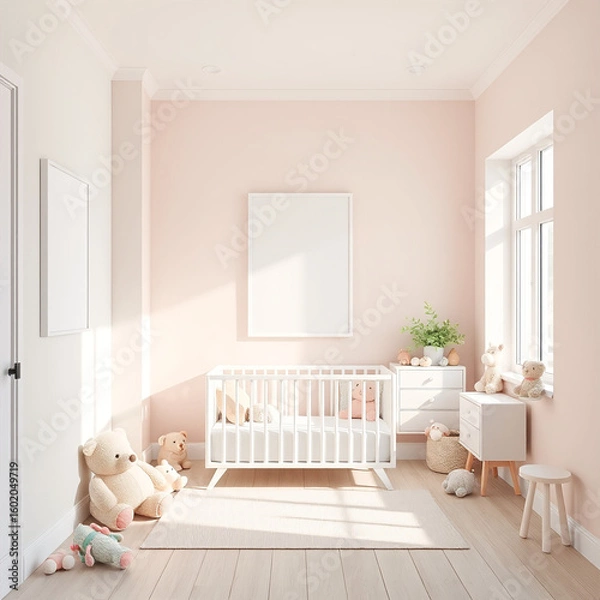 Fototapeta Blank Canvas Mockup in Cozy Cute Childrens Room Chic Decor with Pastel Walls and Plush Toys Whimsical Nursery Design Framed Artwork Display Portrait Orientation 3D Render Perfect for Selling
