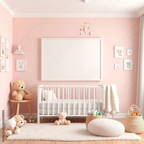 Fototapeta blank canvas mockup for kids room charming pastel wall with plush toys delightful children theme portrait frame design perfect for nursery or playroom decor 3d render digital art template for creative