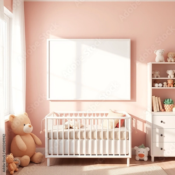 Fototapeta Blank Canvas Mockup in a Bright Playful Room Cheerful Wall Decor with Colorful Framed Art Stylish Nursery Mockup for Kids Bedroom Adorable Pastel Interior with Soft Toys Display Frame Design Inspirati