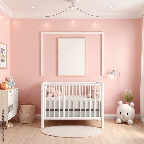 Fototapeta blank canvas mockup in a whimsical children's room featuring pastel colors and plush toys portrait design optimal for showcasing art and poster frames ideal for creative presentations and marketing