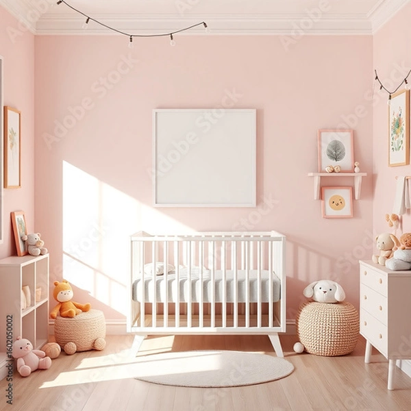 Fototapeta Blank Canvas Mockup in Playful Room Pastel Colored Wall with Cuddly Toys Whimsical Children’s Decor Ideal for Portrait Orientation Framed Art Prints Nursery Artwork Presentation Living Room Display