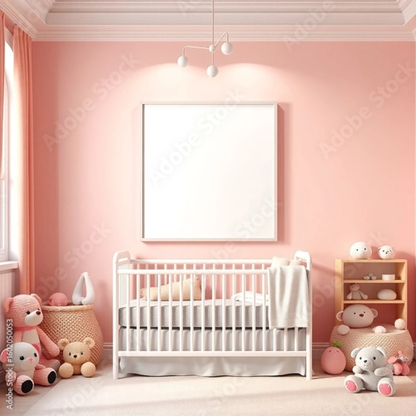 Fototapeta blank frame mockup for child room pastel wall background with soft toys whimsical decor portrait orientation 3D render children's art display customizable nursery decoration image for sale