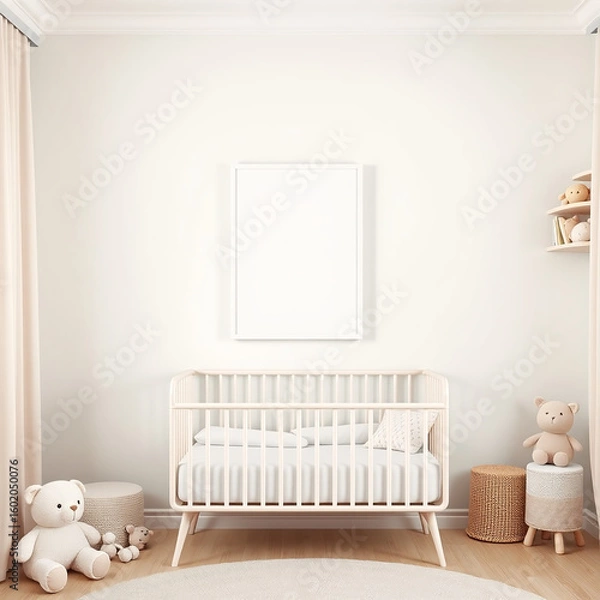 Fototapeta blank canvas mockup in a child nursery pastel colored room with plush toys whimsical decor portrait frame design creative interior layout digital display art showcase 3D rendering ideal for kids artwo