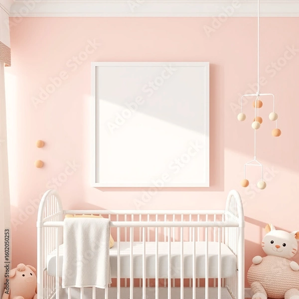 Fototapeta blank canvas mockup in a cozy child room whimsical design portrait orientation pastel wall decor with plush toys ideal for nursery decor or children's art display versatile frame mockup for creatives