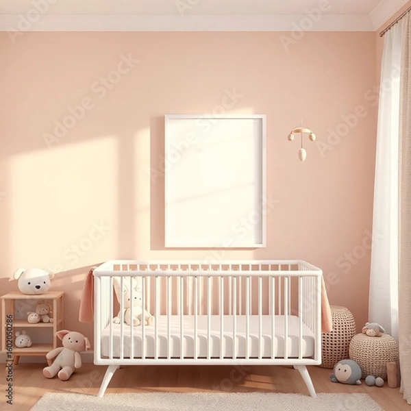 Fototapeta blank canvas mockup in a cozy space stylish design with pastel wall decor suitable for kids room art display versatile frame layout with plush toys whimsical themes perfect for nursery decor