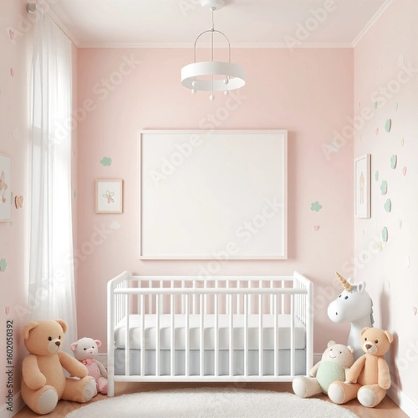 Fototapeta blank picture frame mockup in stylish child’s room pastel wall design with plush toys whimsical decor for kids 3d rendered nursery art display portrait orientation creative photography template