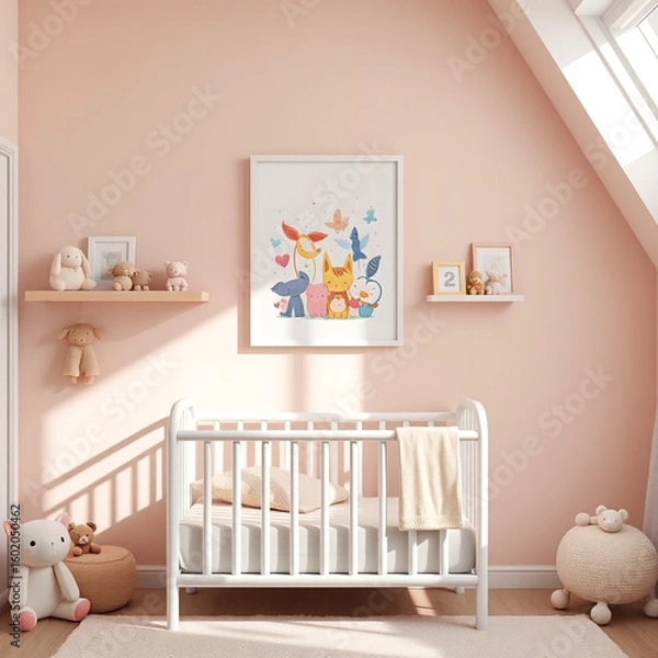 Fototapeta blank canvas mockup in a whimsical children’s room pastel colored walls with plush toys dreamy décor playful design portrait orientation nursery artwork display 3d render interior design template