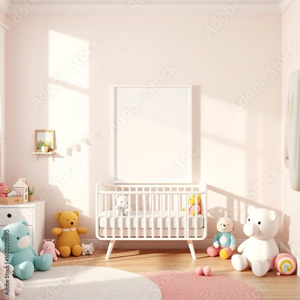 Fototapeta Blank canvas mockup for wall art in a children's room whimsical design featuring pastel walls plush toys and a cozy crib environment ideal for nursery decor showcase creativity and style in interior d