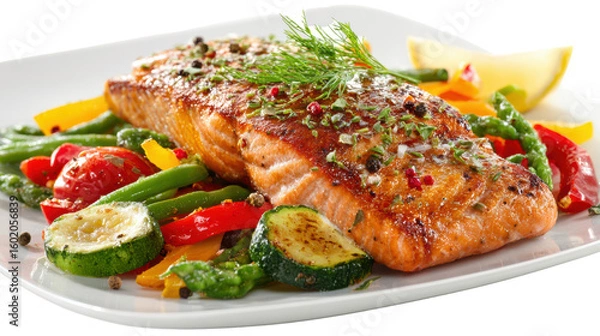 Fototapeta Grilled salmon steak with vegetables on a plate, garnished with herbs.