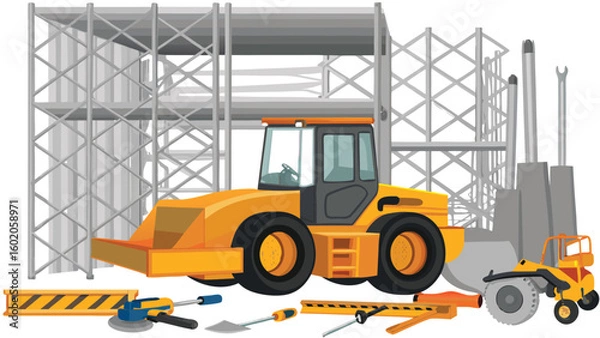 Fototapeta Illustration of a yellow road roller with scaffolding and construction tools in the foreground