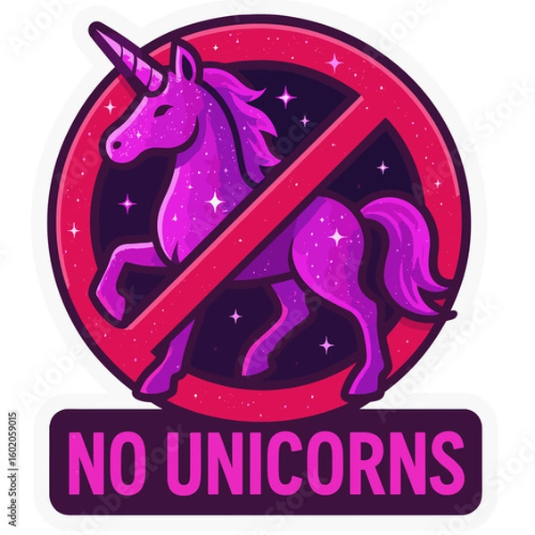Fototapeta Colorful no unicorns sign featuring a unicorn silhouette with starry background and bold lettering, perfect for decorating a fun space