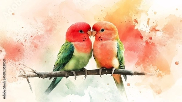 Fototapeta Two parrots on a branch in a watercolor style.