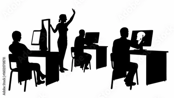 Fototapeta Silhouette illustration showing people in an office setting working at desks with computers and waving hand