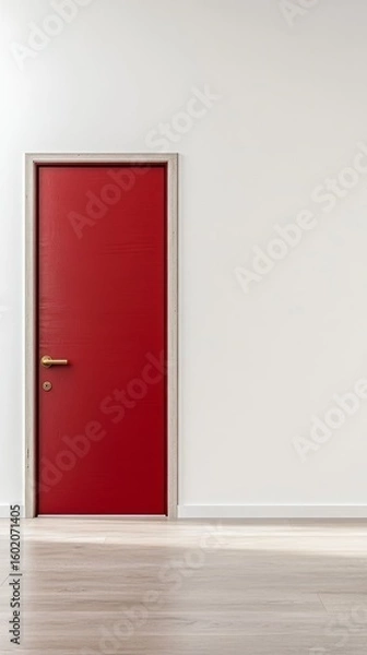 Fototapeta Striking Red Door in a Minimalist White Room: A Modern Interior Design Statement with Golden Handle and Wooden Floor Aesthetics.