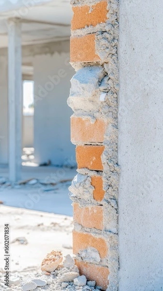 Fototapeta Close-up of an unfinished building wall revealing layers of textured brick and raw concrete, embodying the essence of construction and architectural progress.