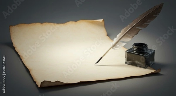 Fototapeta Antique parchment with quill and ink bottle, elegant writing setup, vintage stationery, copy space
