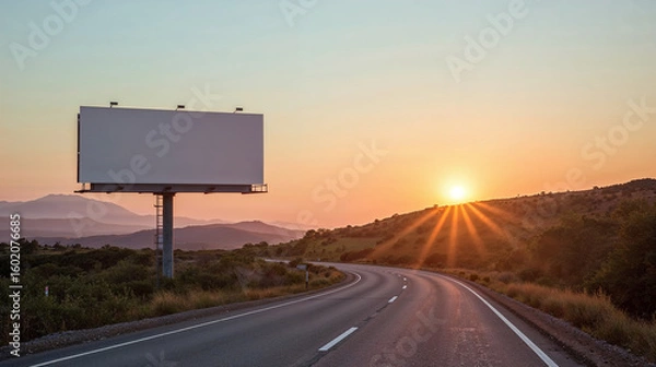 Fototapeta A deserted street scene with a large empty billboard under a blue sky at sunset.