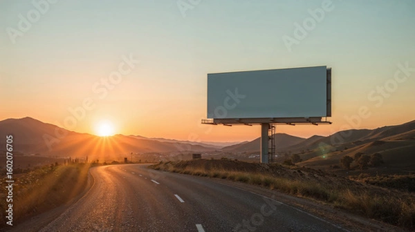 Fototapeta A deserted street scene with a large empty billboard under a blue sky at sunset.