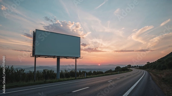 Fototapeta A deserted street scene with a large empty billboard under a blue sky at sunset.
