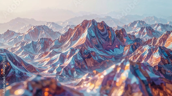 Fototapeta Abstract mountain range photography. Swirls of blue-orange, bright orange and fluorescent yellow with geometric shapes and lines blended together on a soft, misty background.