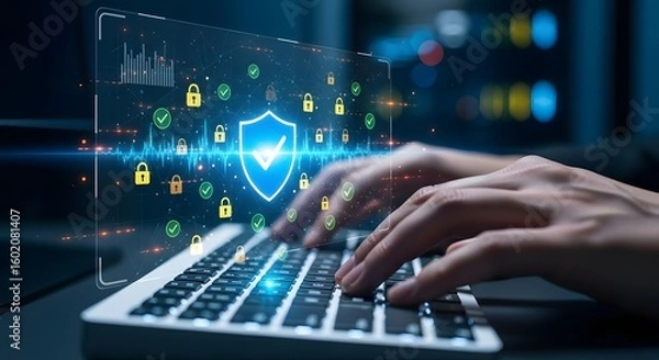 Fototapeta AI Cybersecurity Interface – Hands Typing with Digital Lock Symbols