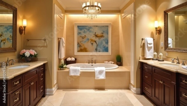Obraz Elegant bathroom with a soaking tub and double vanity.