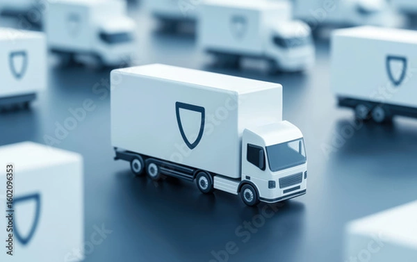 Fototapeta White delivery truck model with shield logo on side, surrounded by similar trucks, symbolizing secure logistics and transport