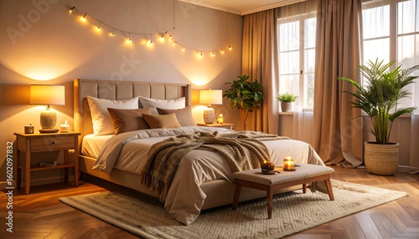 Fototapeta Cozy bedroom with warm lights, and evening.