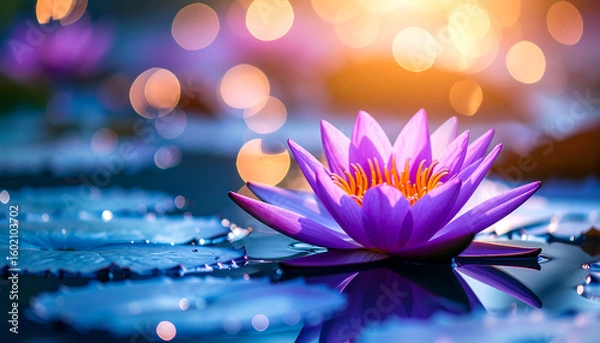 Obraz Purple Lotus Bloom with Sunset Pond.