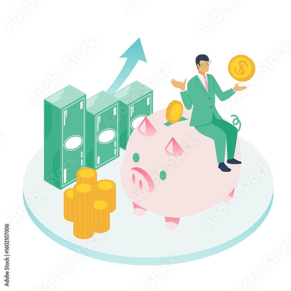 Fototapeta 貯金・資産運用をテーマにした男性ビジネスマンのイラスト（金融・経済セミナー向け）