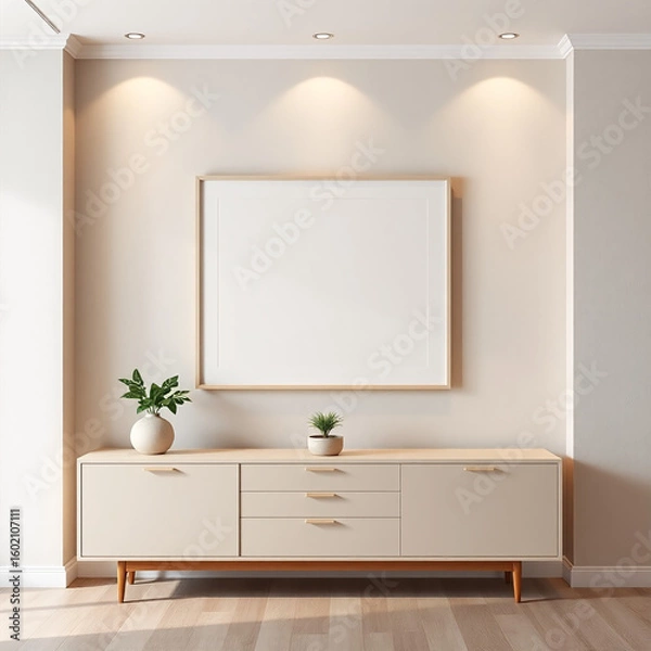 Fototapeta frame mockup for wall art in a dining room featuring a textured plaster wall in pastel tones perfect for showcasing mid-century modern decor stylish iso a2 landscape design ideal for commercial use