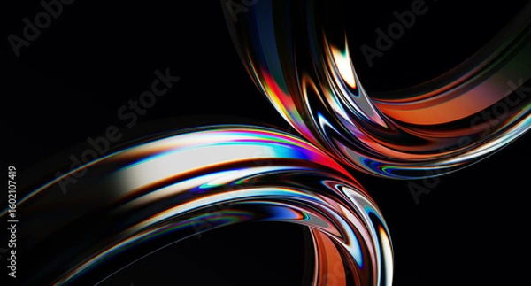 Fototapeta 3d iridescent liquid glass ribbon wave line with neon rainbow light texture on abstract black background. Holographic gradient water flow with speed motion effect. Digital tech banner. 3D illustration