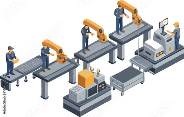 Fototapeta Isometric view of factory assembly line with workers and robotic arms on a white background
