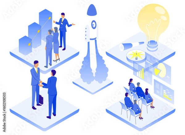 Fototapeta ビジネスの未来へ：アイデアと成長のコンセプトのアイソメイラスト