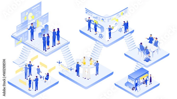 Fototapeta 多様なビジネスシーンを表現したイラストセット（オフィス・会議・プレゼン・接客）