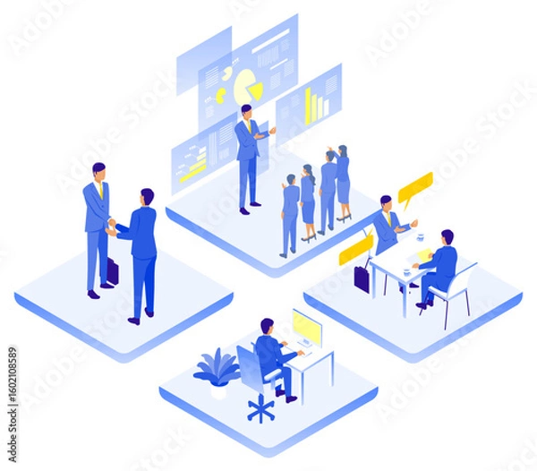 Fototapeta ビジネスシーンの連携と働き方を描いたアイソメトリックイラスト