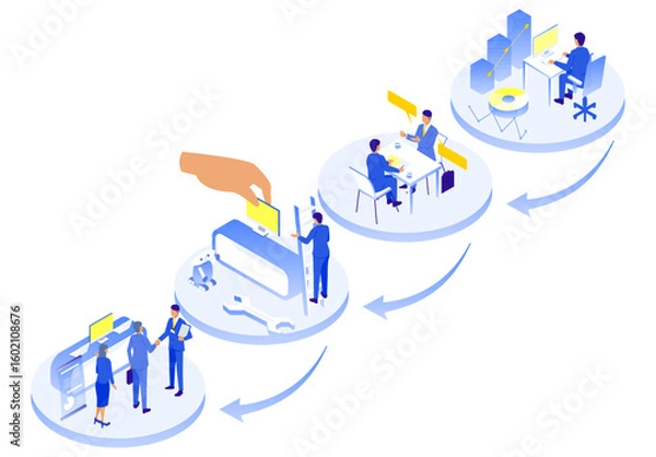 Fototapeta ステップで理解する業務プロセス｜ビジネスの流れを視覚化したアイソメイラスト
