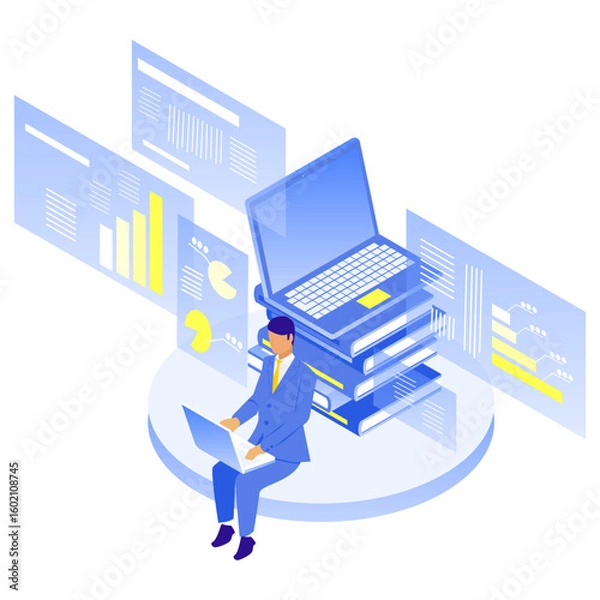 Fototapeta データ分析とレポート作成｜アイソメトリックなビジネスシーン