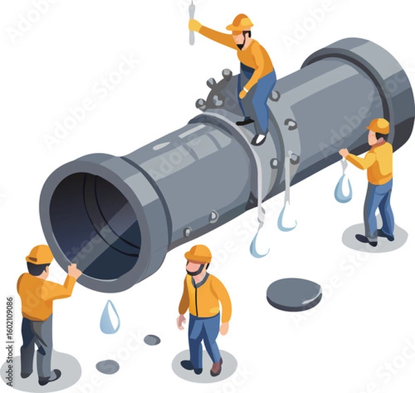 Fototapeta Isometric illustration of plumbers repairing a large gray pipe with water leaks and a wrench tool